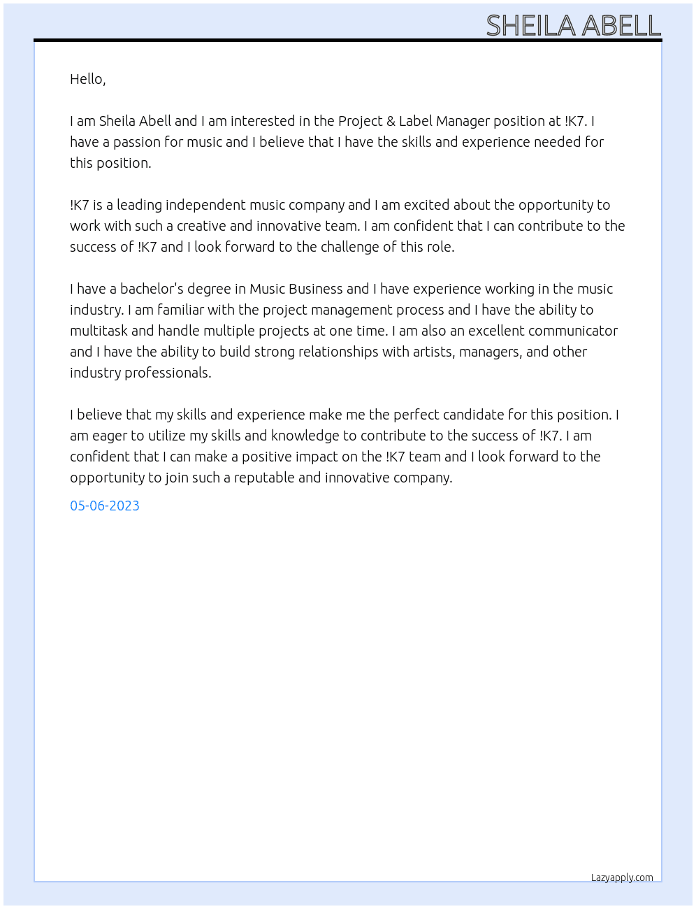  Project & Label Manager  At !K7 Cover Letter
