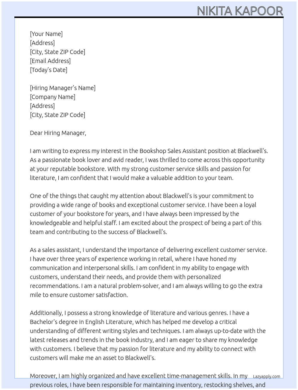 Bookshop Sales assistance At Blackwell's Cover Letter