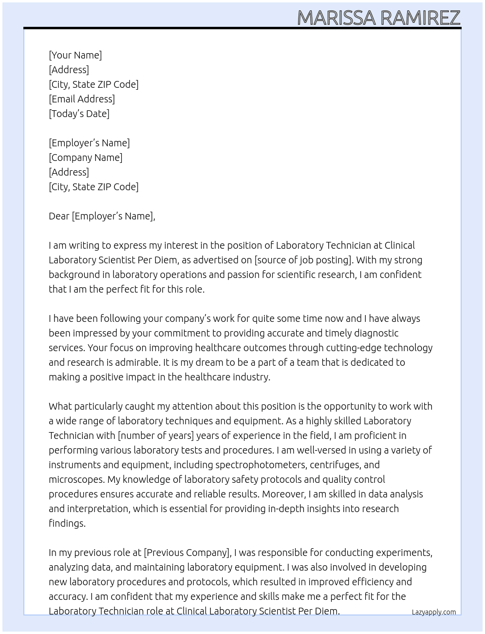 Laboratory Technician  At Clinical Laboratory Scientist Per Diem Cover Letter