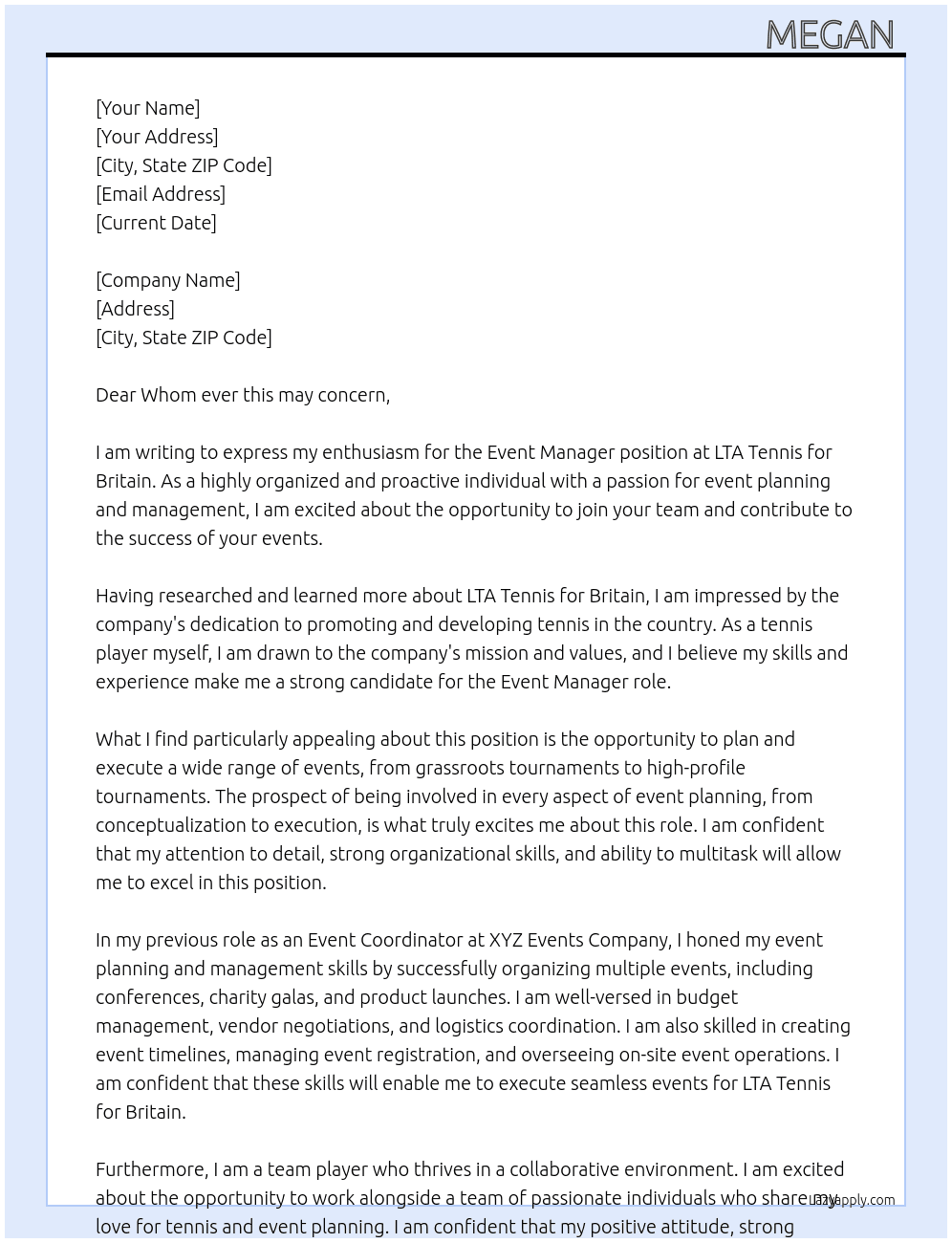 Event Manager  At LTA Tennis for Britain  Cover Letter