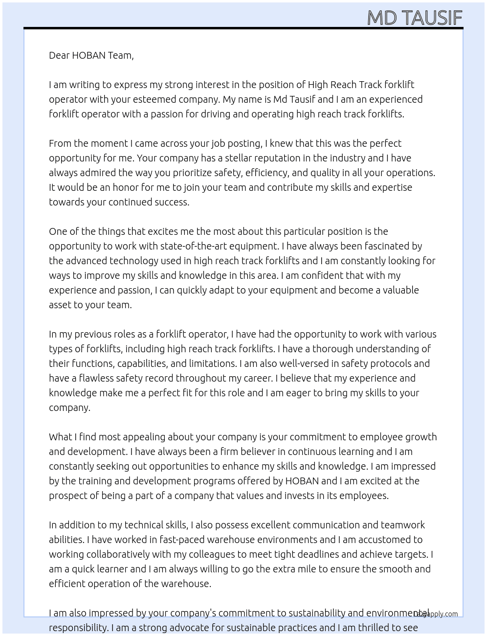 High Reach Track forklift operator  At HOBAN Cover Letter