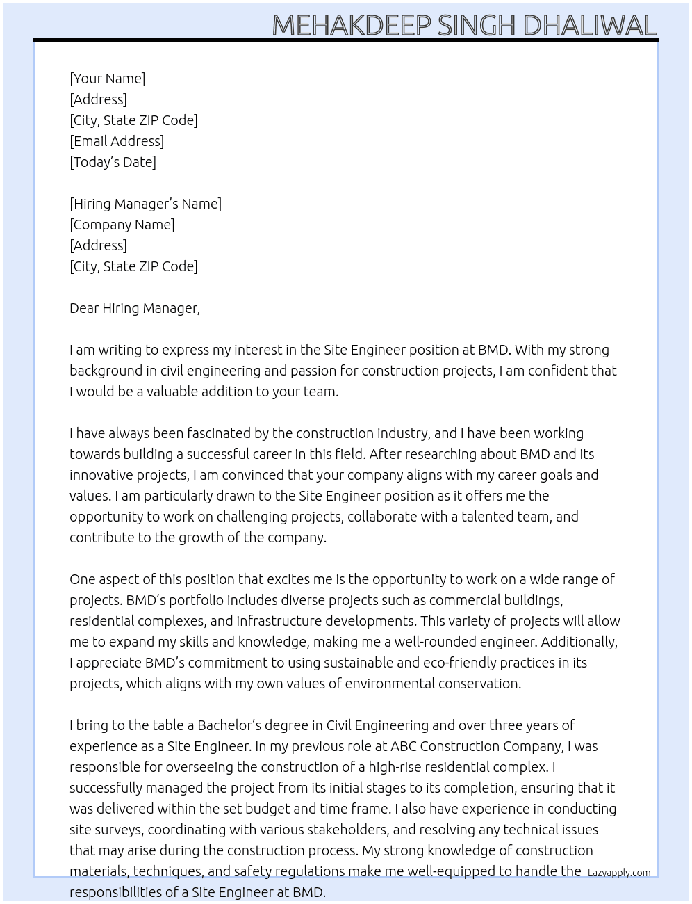 Site Engineer At BMD Cover Letter