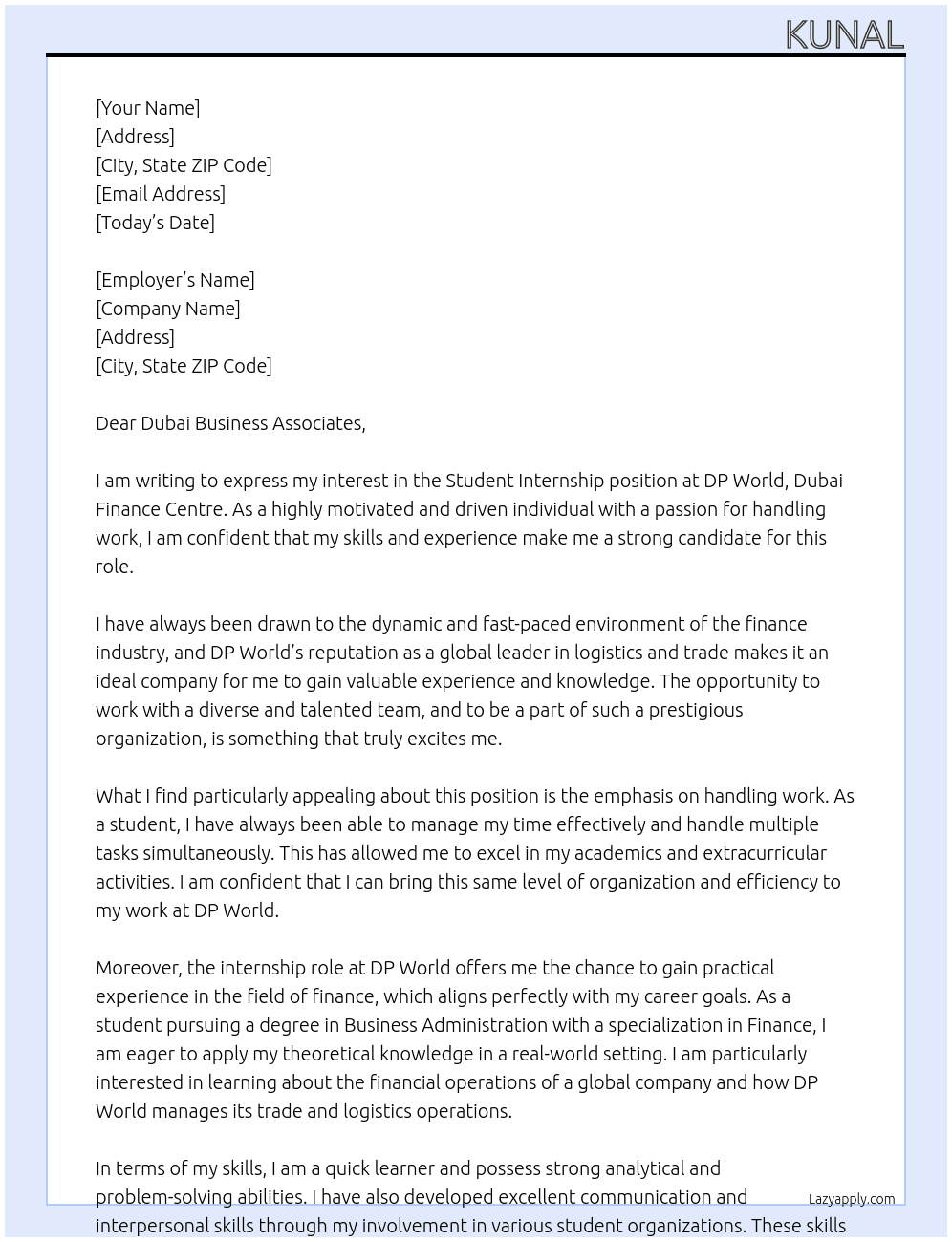 Student At Dp world , Dubai finance centre Cover Letter