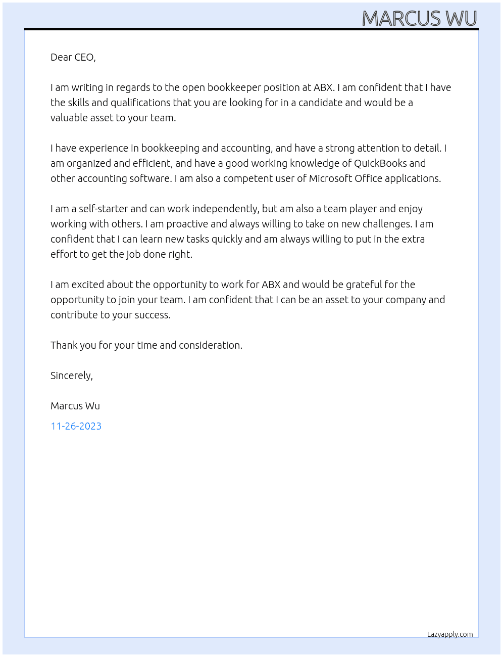 Bookkeeper At ABX Cover Letter