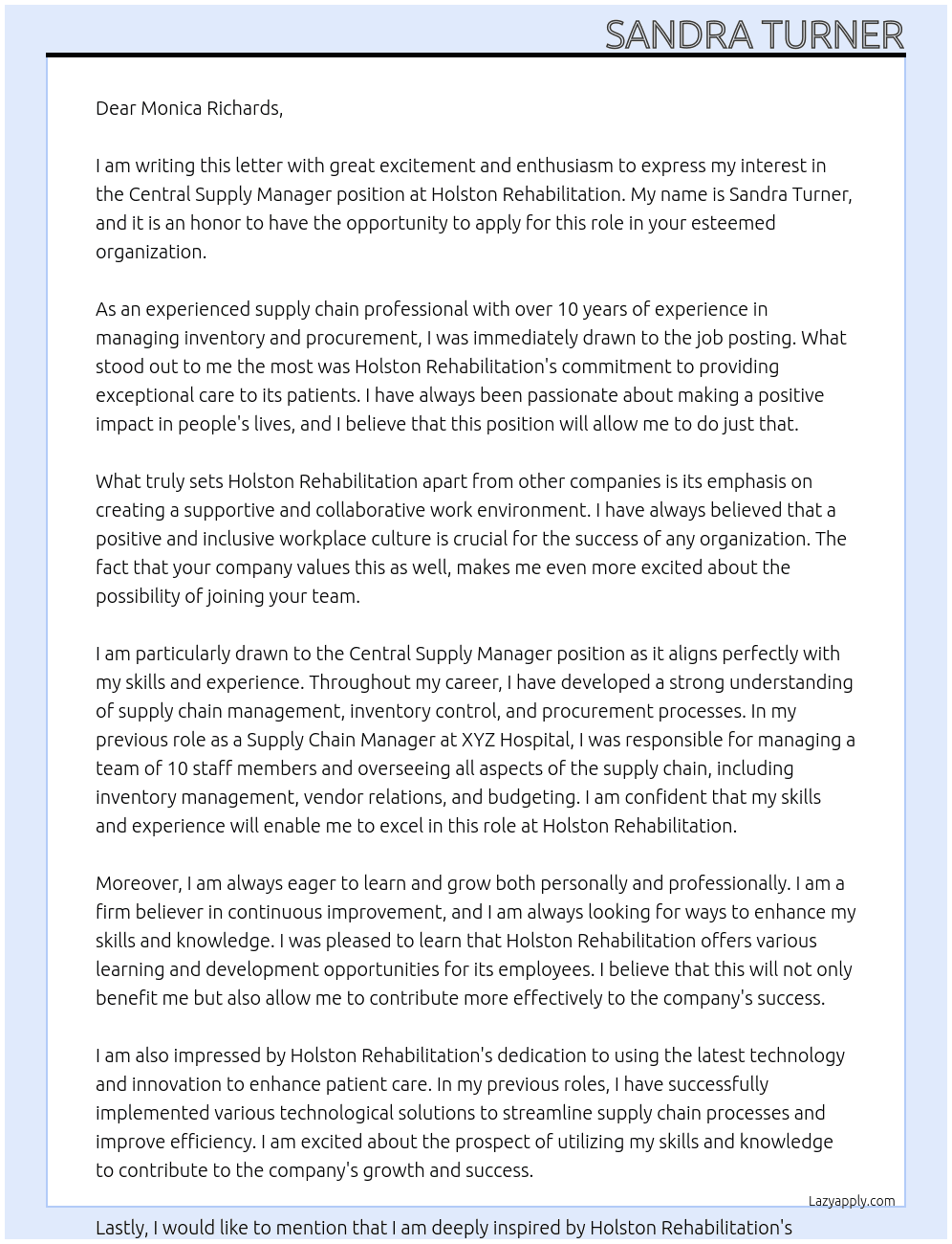 Central Supply Manager At Holston Rehabilitation Cover Letter