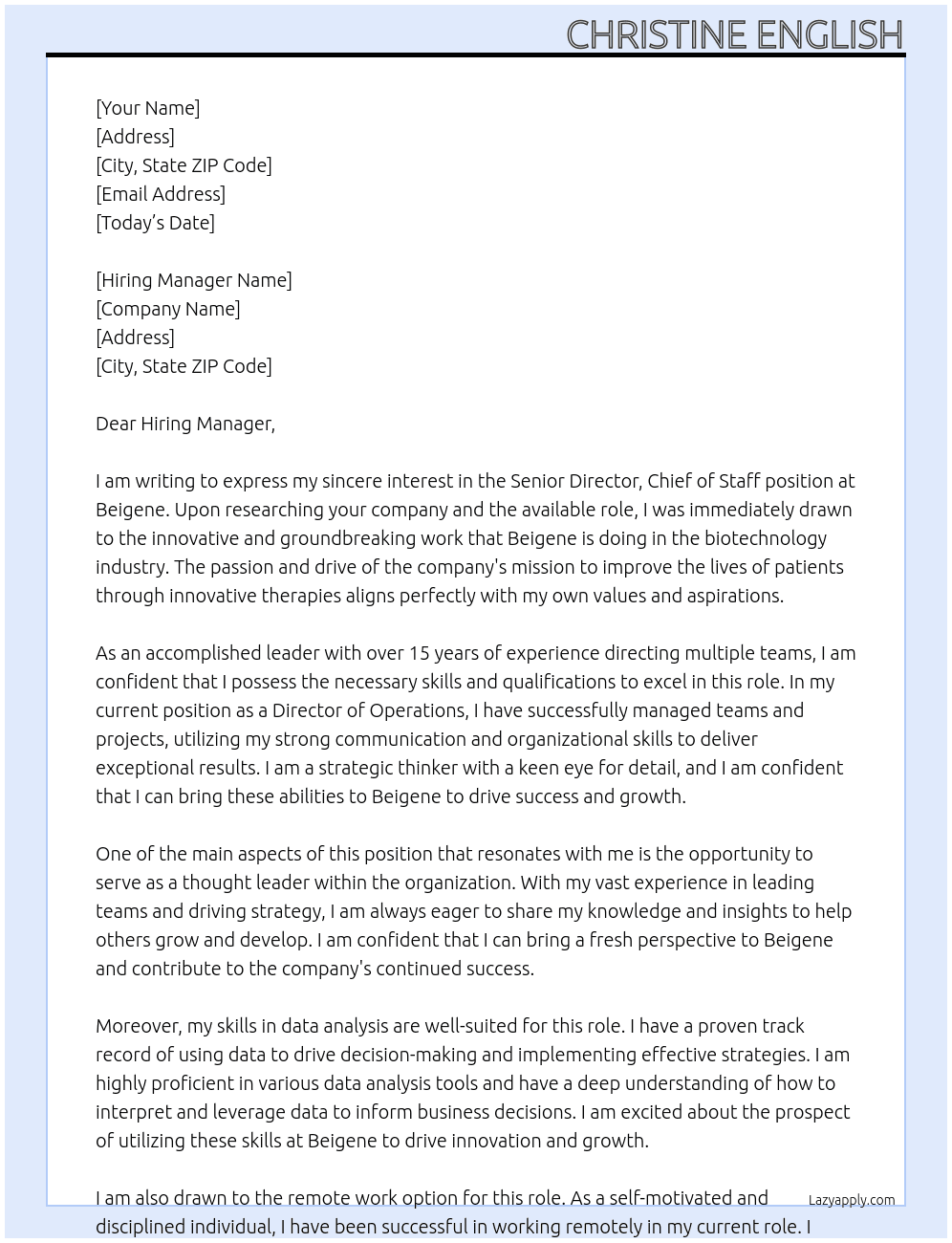 Senior Director, Chief of Staff At Beigene Cover Letter