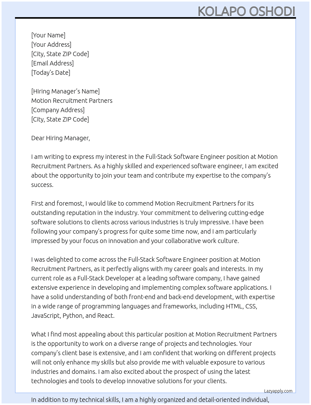 Full-Stack Software Engineer At Motion Recruitment Partners Cover Letter