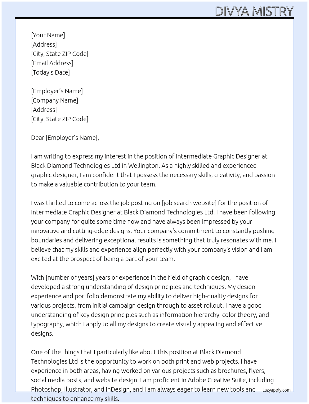 Intermediate Graphic Designer At Black Diamond Technologies Ltd Cover Letter