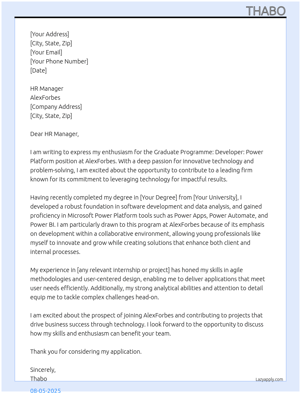 Cover letter for graduate programme: developer: power platform - LazyApply