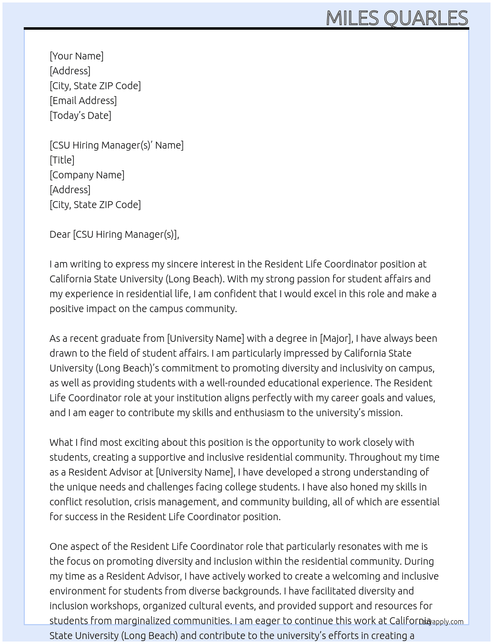 Resident Life Coorinator At California State University (Long Beach) Cover Letter