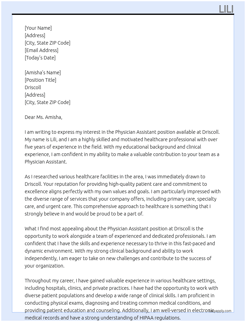 Physician assistant  At Driscoll Cover Letter