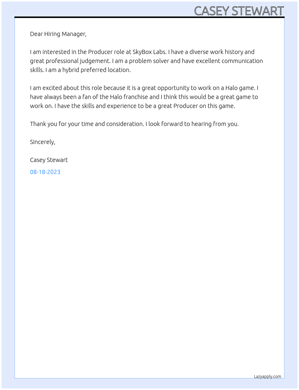 Producer (Halo Infinite) At SkyBox Labs Cover Letter