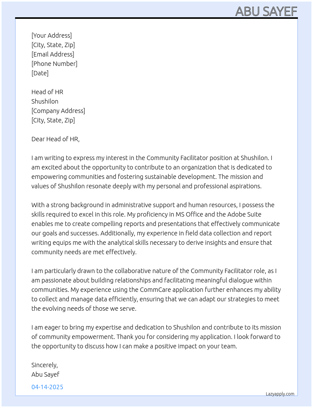 Community Facilitator At Shushilon Cover Letter