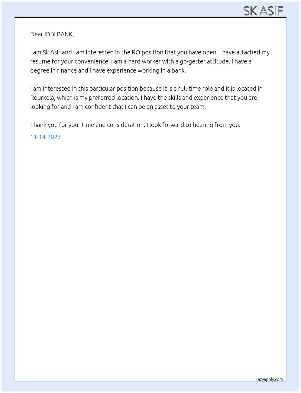 RO At IDBI BANK Cover Letter