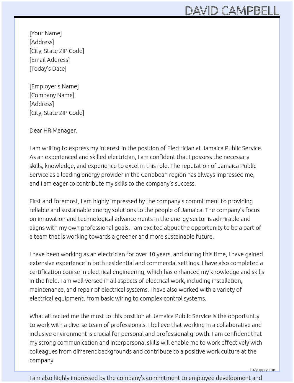 electrician At Jamaica Public Service  Cover Letter