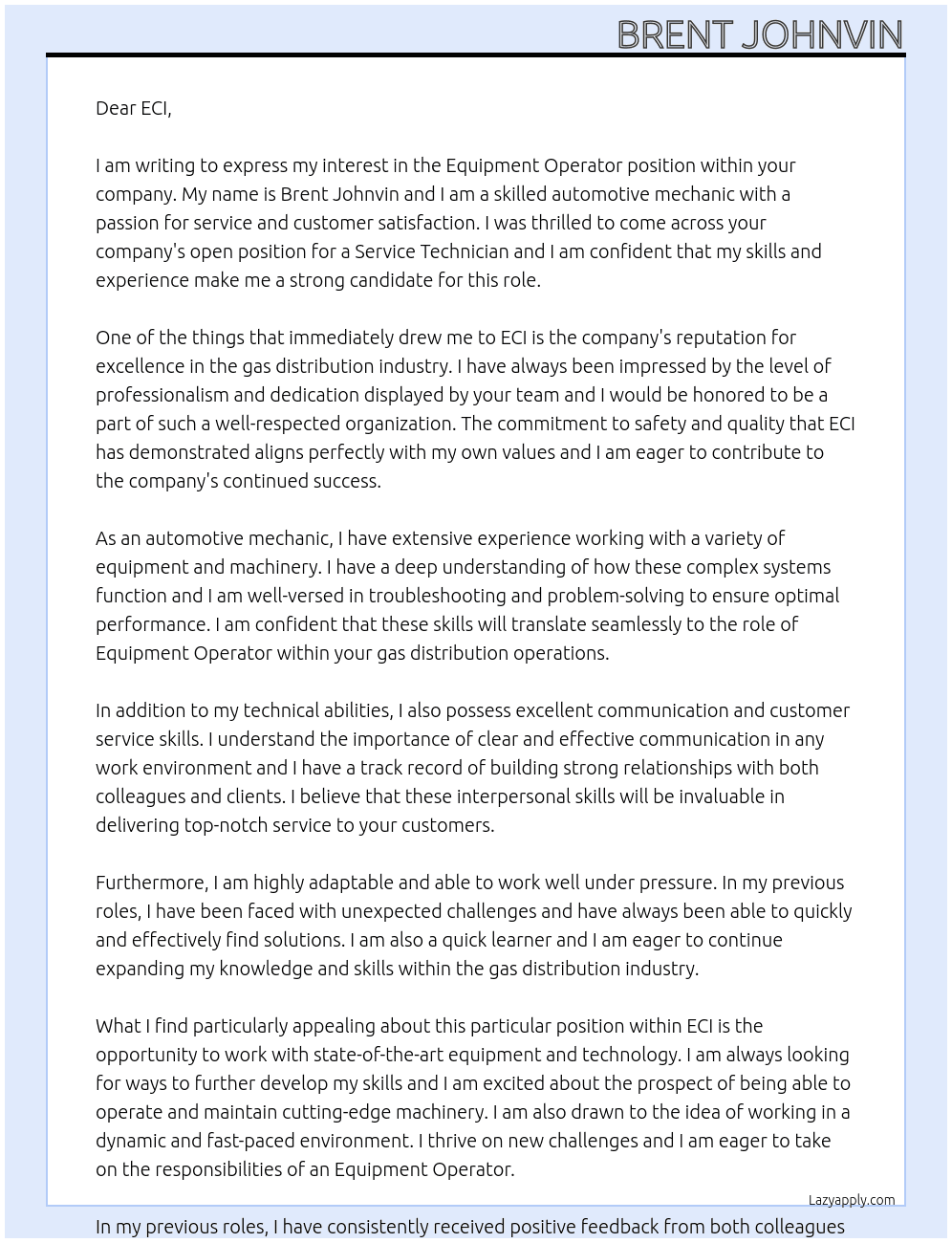 Equipment Operator - Gas Distribution At ECI Cover Letter