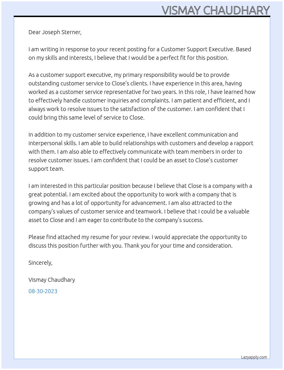 Customer Support Executive At Close Cover Letter