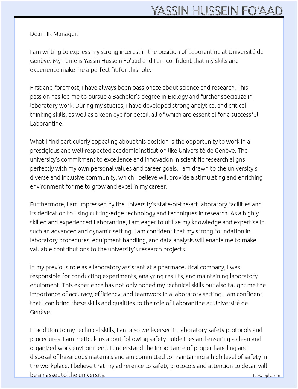Laborantine At Université de Genève Cover Letter