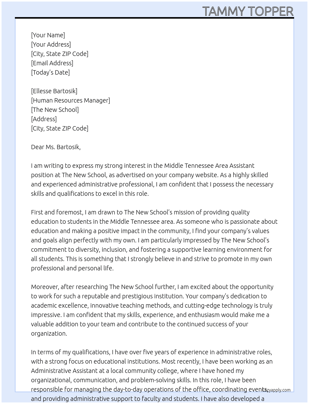 Middle Tennessee Area Assistant At The New School Cover Letter