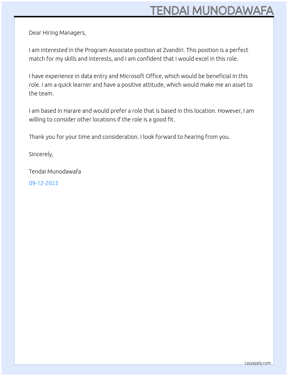 Program associate  At Zvandiri Cover Letter