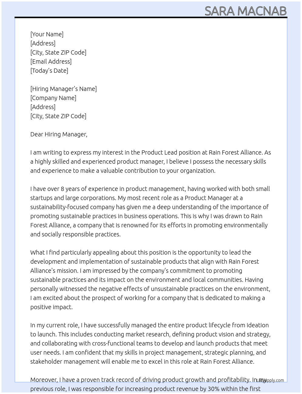 Product Lead At Rain Forest Alliance Cover Letter