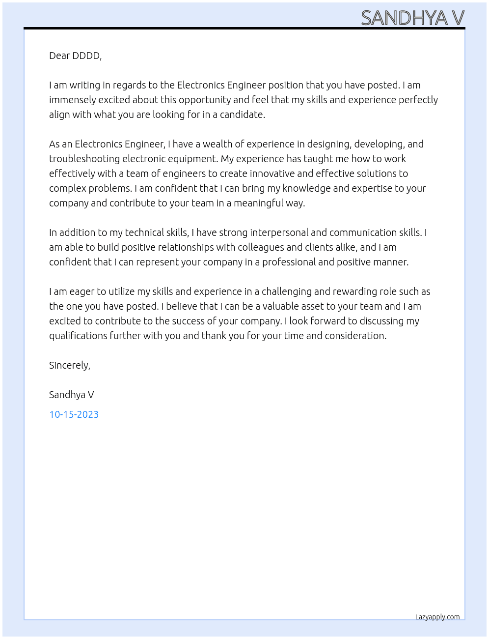 ELECTRONICS ENGINEER At DDDD Cover Letter