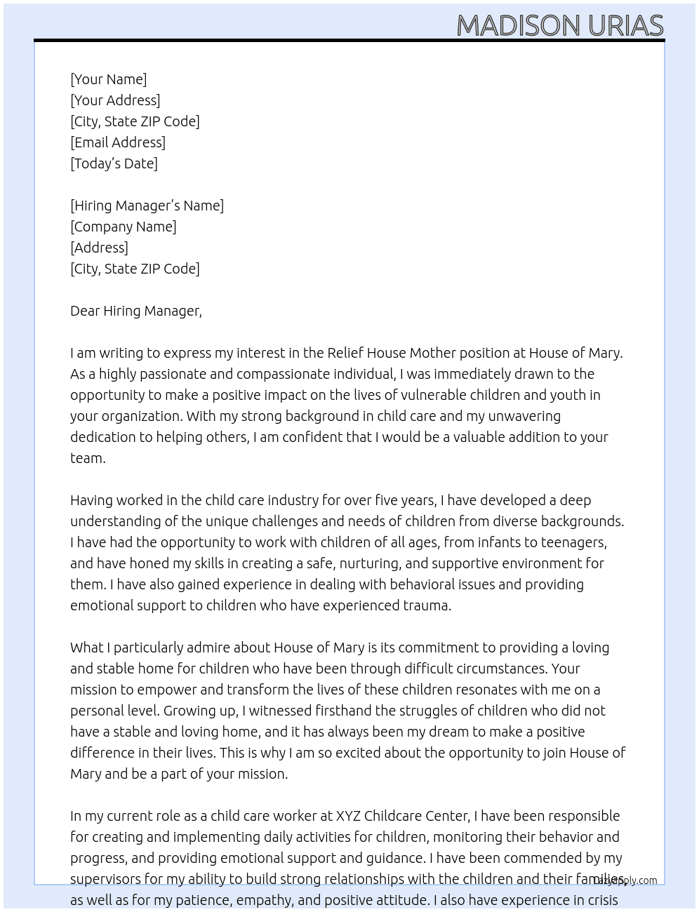 relief house mother At House of Mary Cover Letter