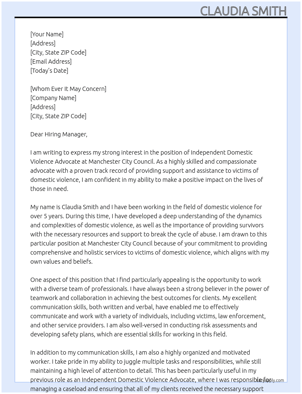 Independent Domestic Violence Advocate At Manchester City Council Cover Letter