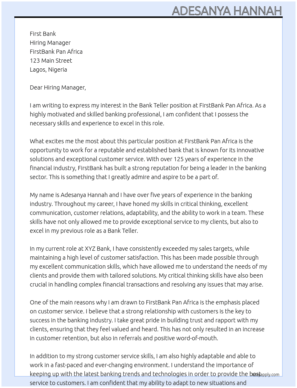 Bank Teller At FirstBank Pan Africa  Cover Letter