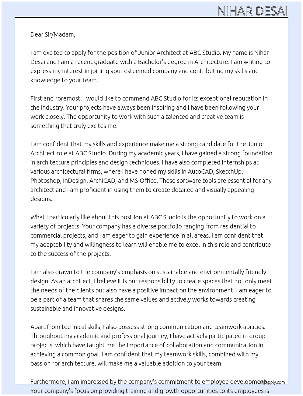 Junior Architect At ABC Studio Cover Letter