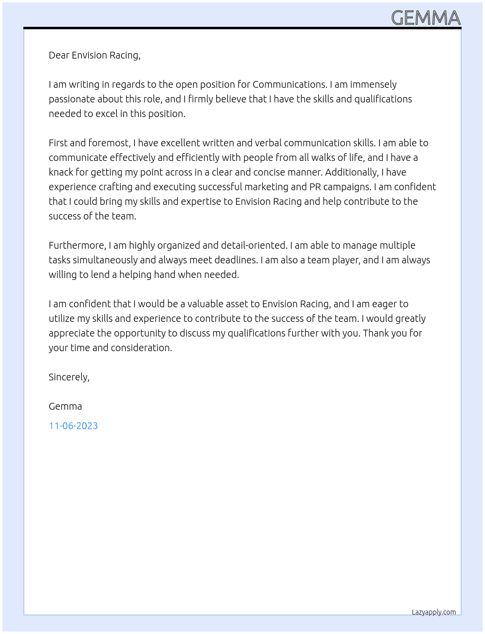Communication At Envision Racing Cover Letter