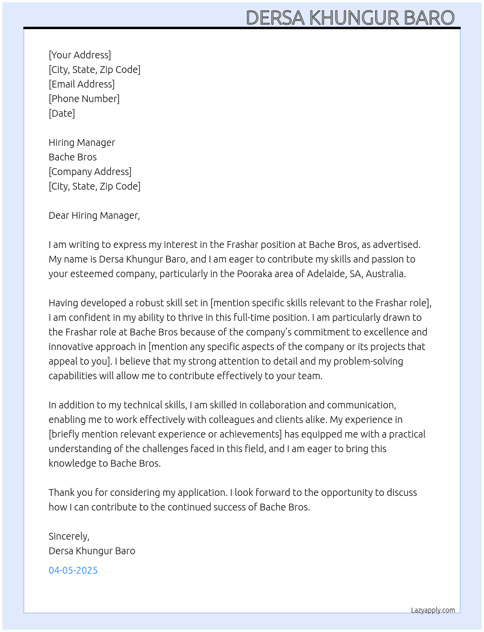 Cover letter for frashar - LazyApply