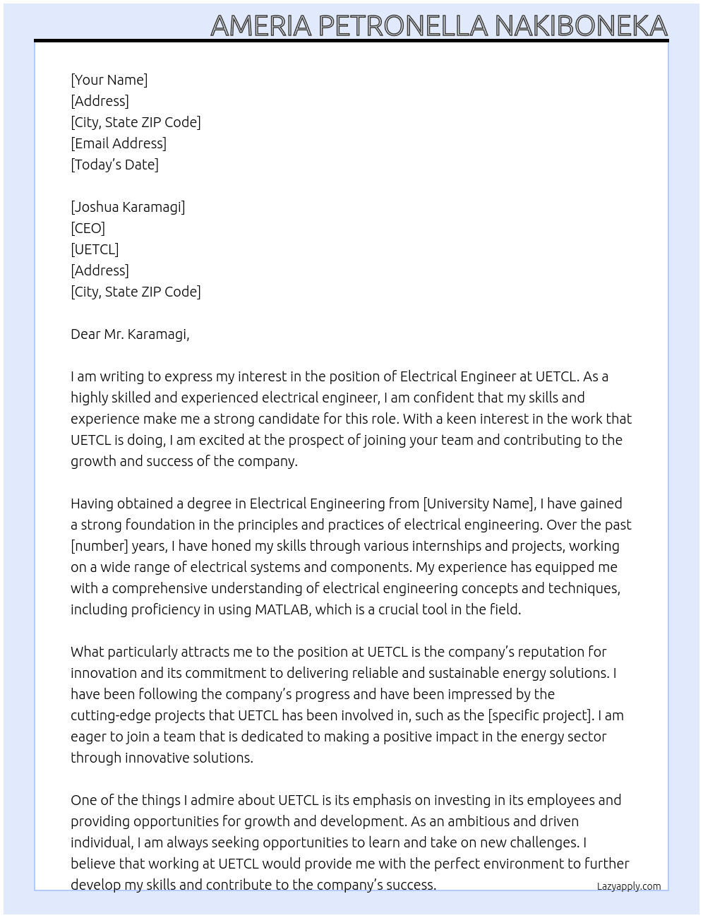 electrical engineer At UETCL Cover Letter