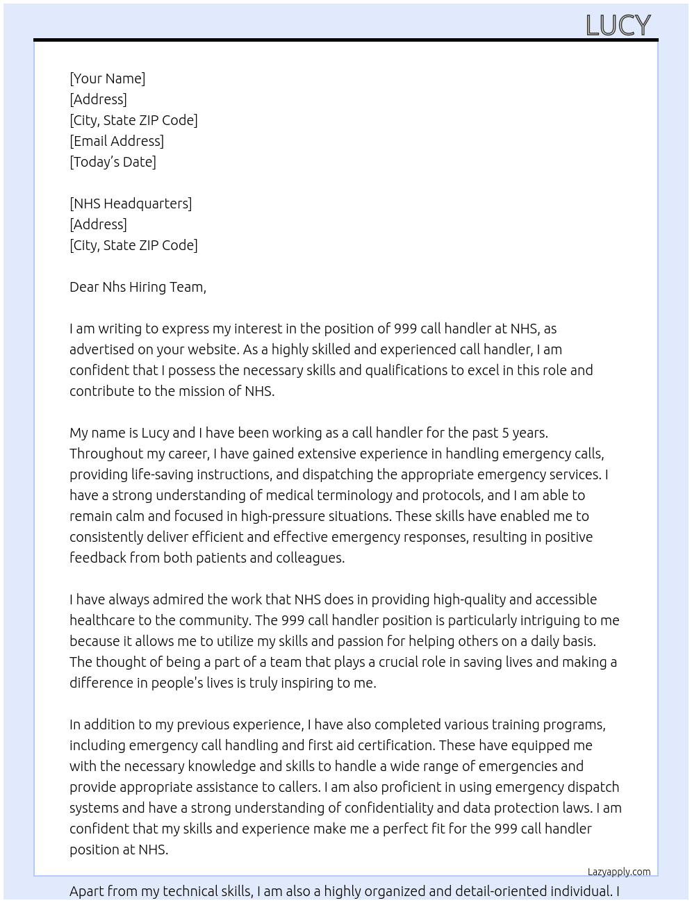 999 call handler At Nhs Cover Letter
