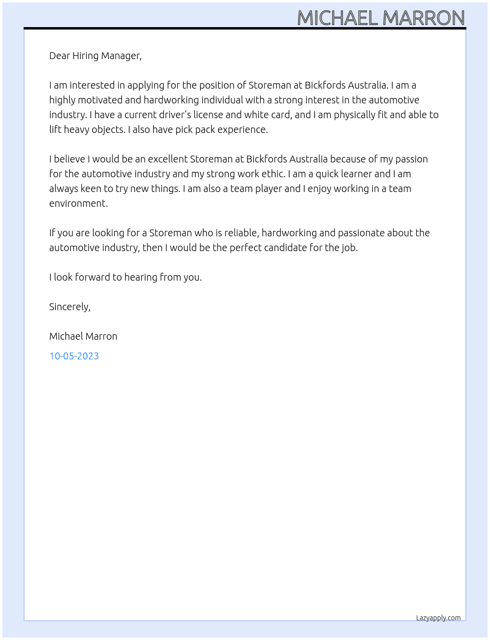 Storeman At Bickfords Australia Cover Letter