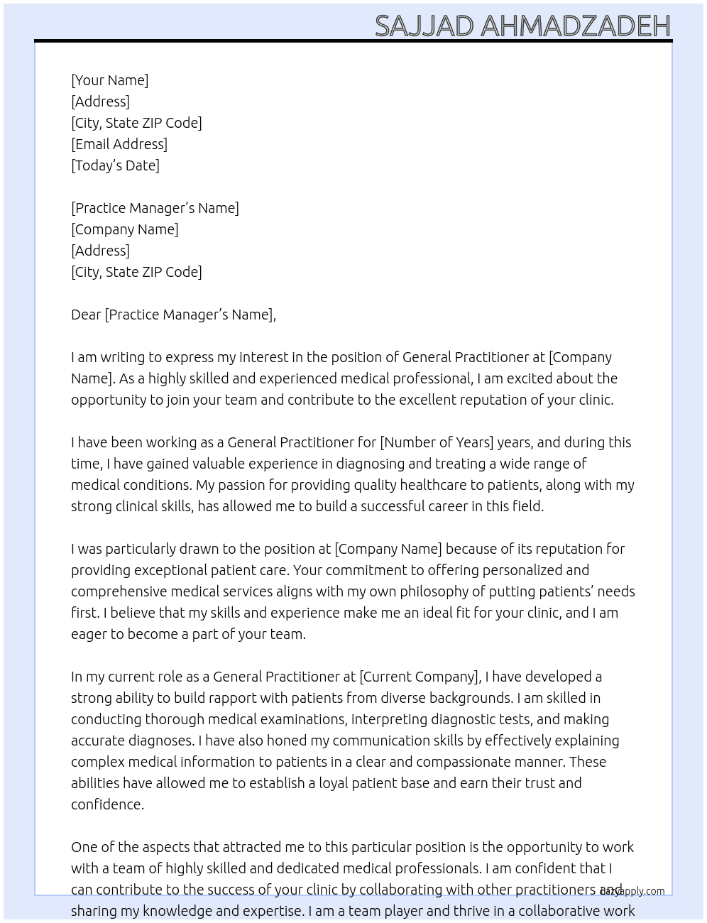 general practitioner At clinic Cover Letter