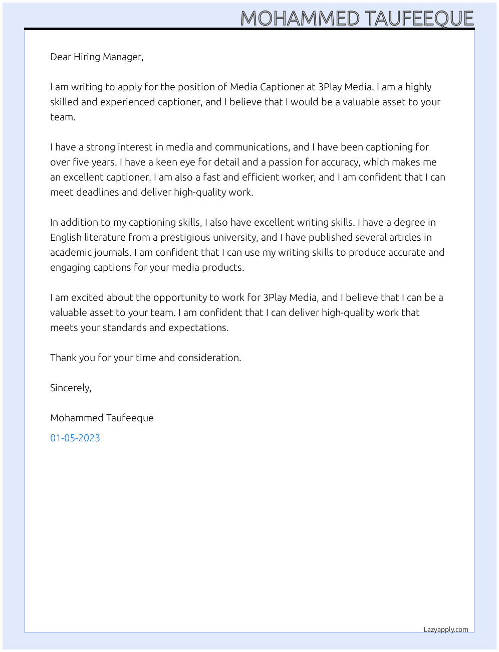Cover letter for media captioner - LazyApply