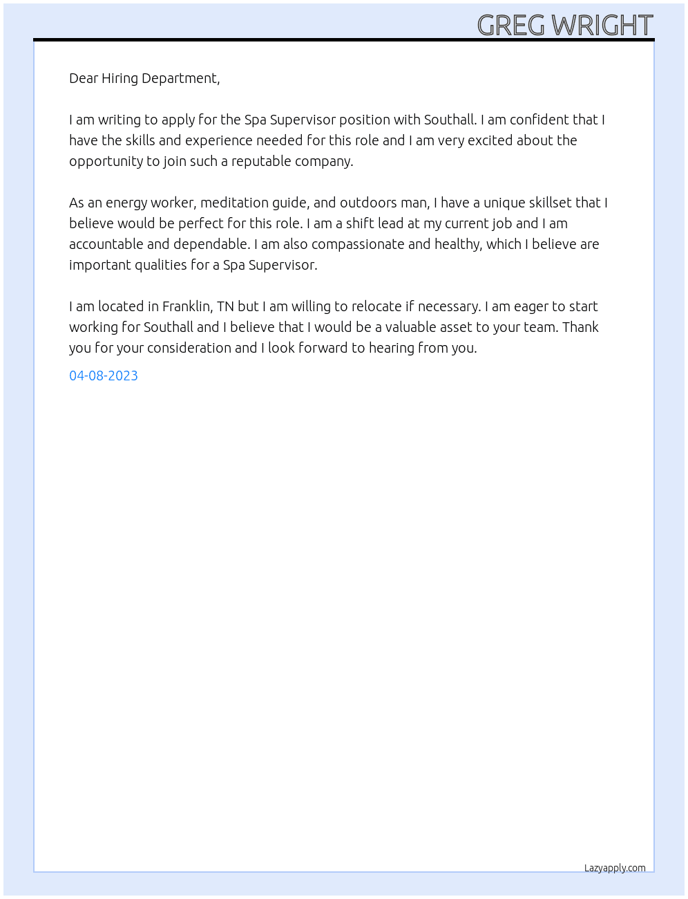 Spa Supervisor At Southall Cover Letter