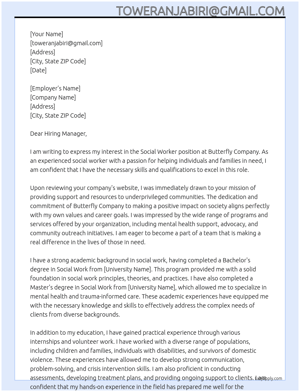 social worker At Butterfly COmpany Cover Letter