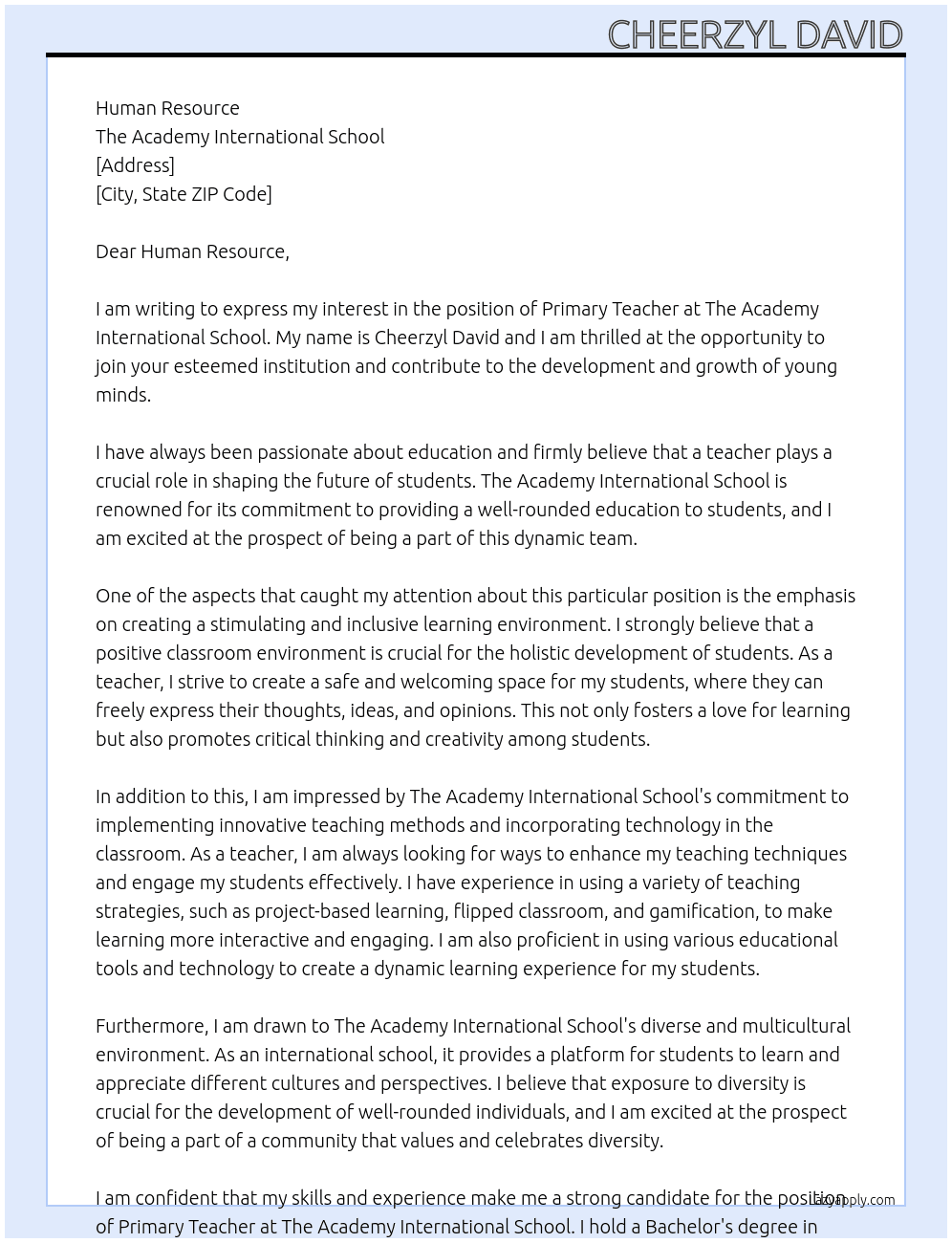 Primary Teacher At The Academy International School Cover Letter