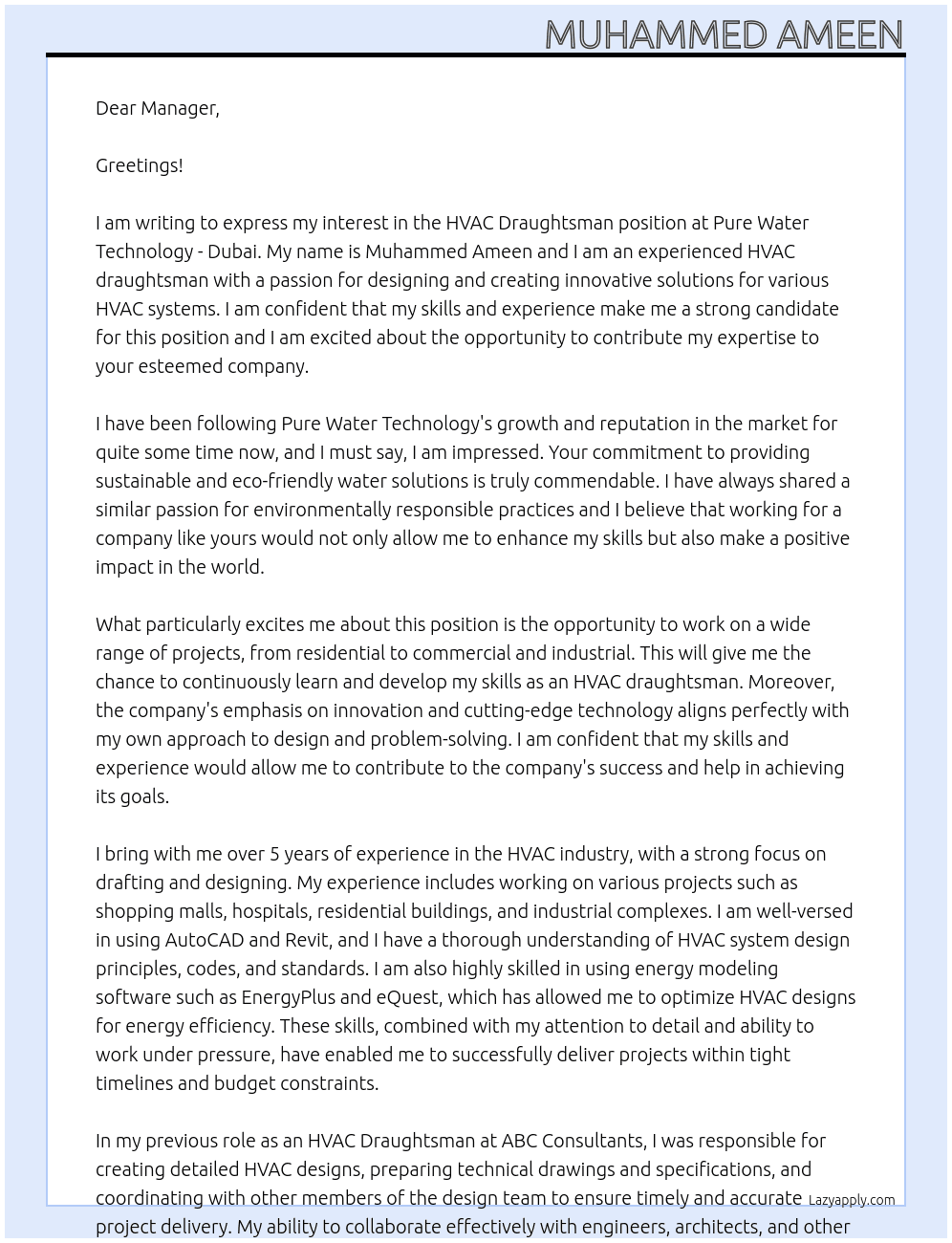 HVAC Draughtsman At Pure water Technology - Dubai Cover Letter
