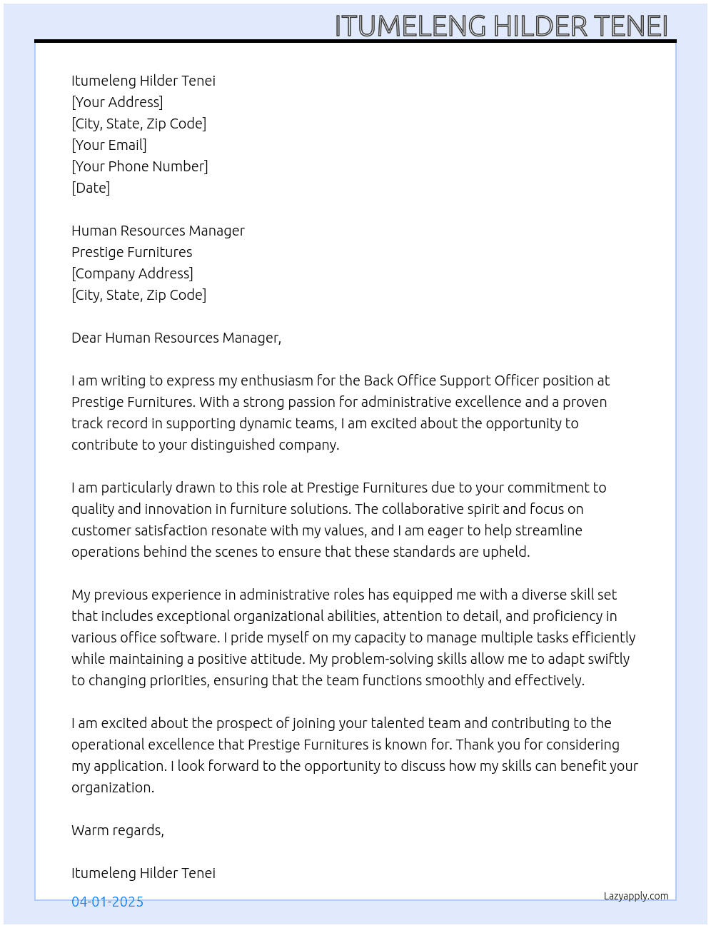 Back Office Support Officer At Prestige Furnitures Cover Letter