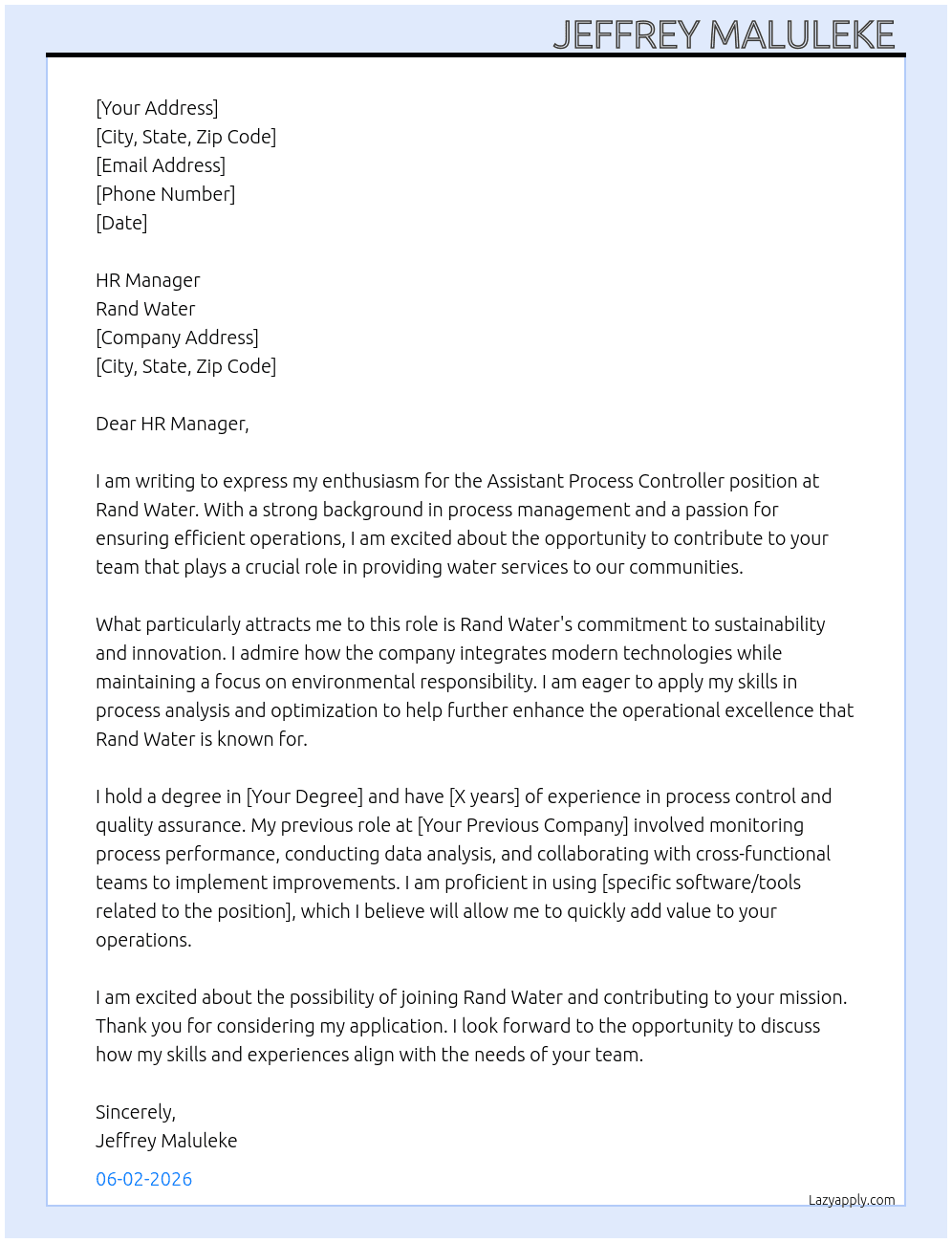 Assistant Process Controller  At Rand Water Cover Letter