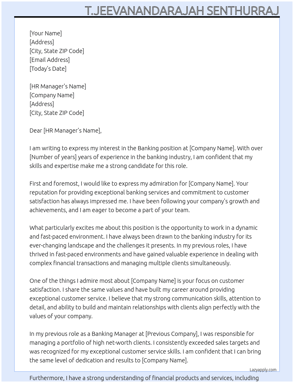 Banking At Bank Cover Letter