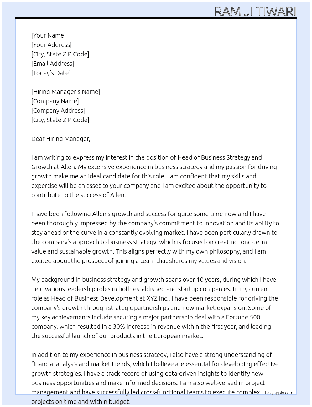 Head of Business Strategy and Growth At Allen Cover Letter