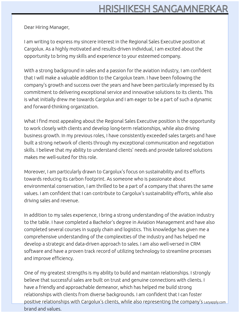 Regional Sales Executive At Cargolux Cover Letter