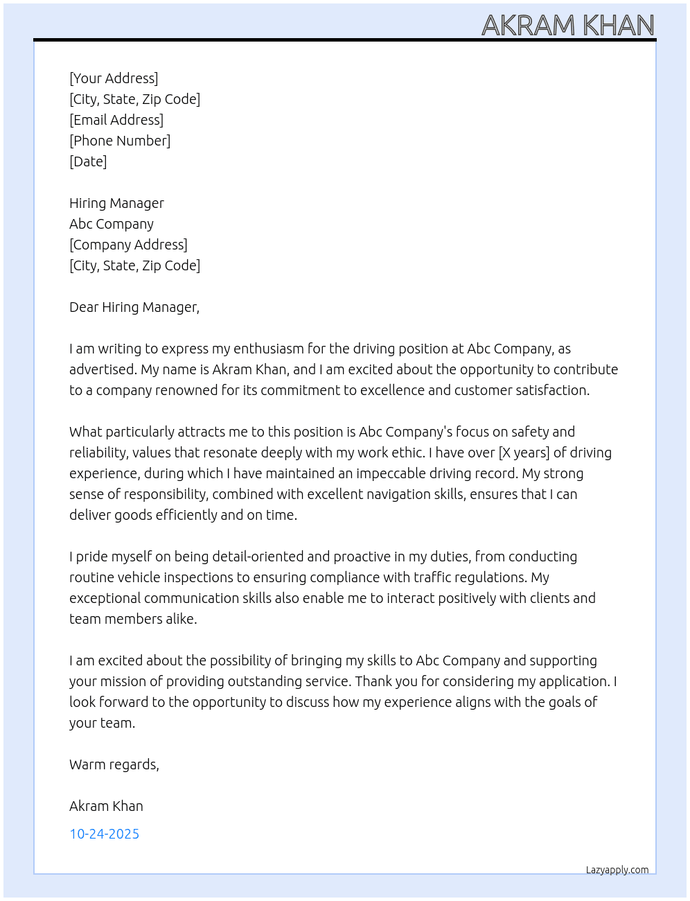 Driving At Abc company Cover Letter