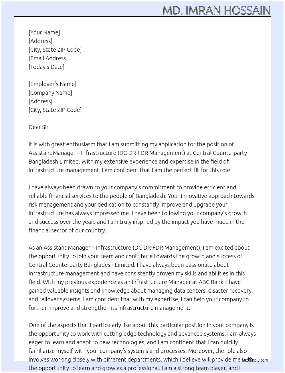 Assistant Manager –Infrastructure (DC-DR-FDR Management) At Central Counterparty Bangladesh Limited Cover Letter