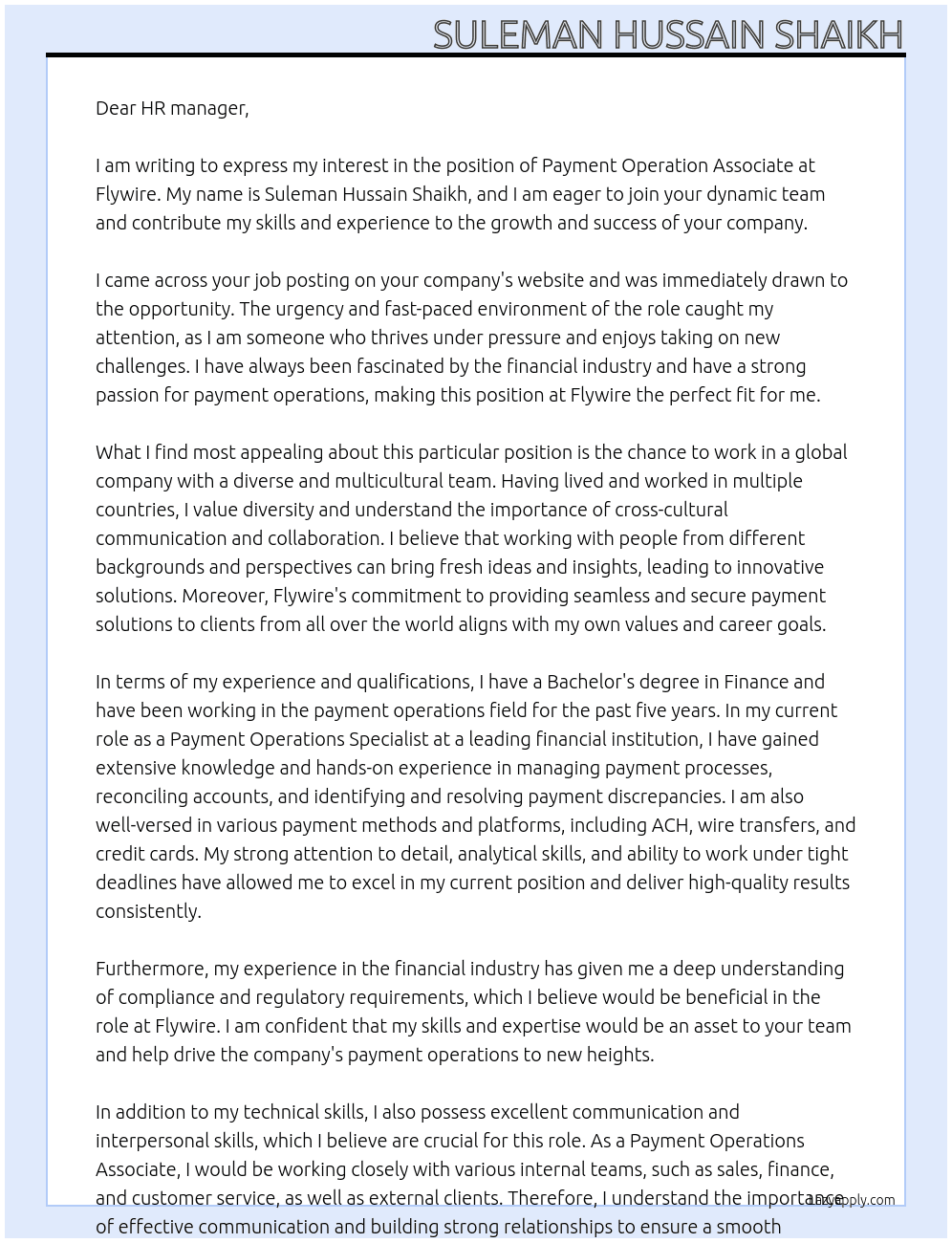 Payment opration associate  At Flywire Cover Letter