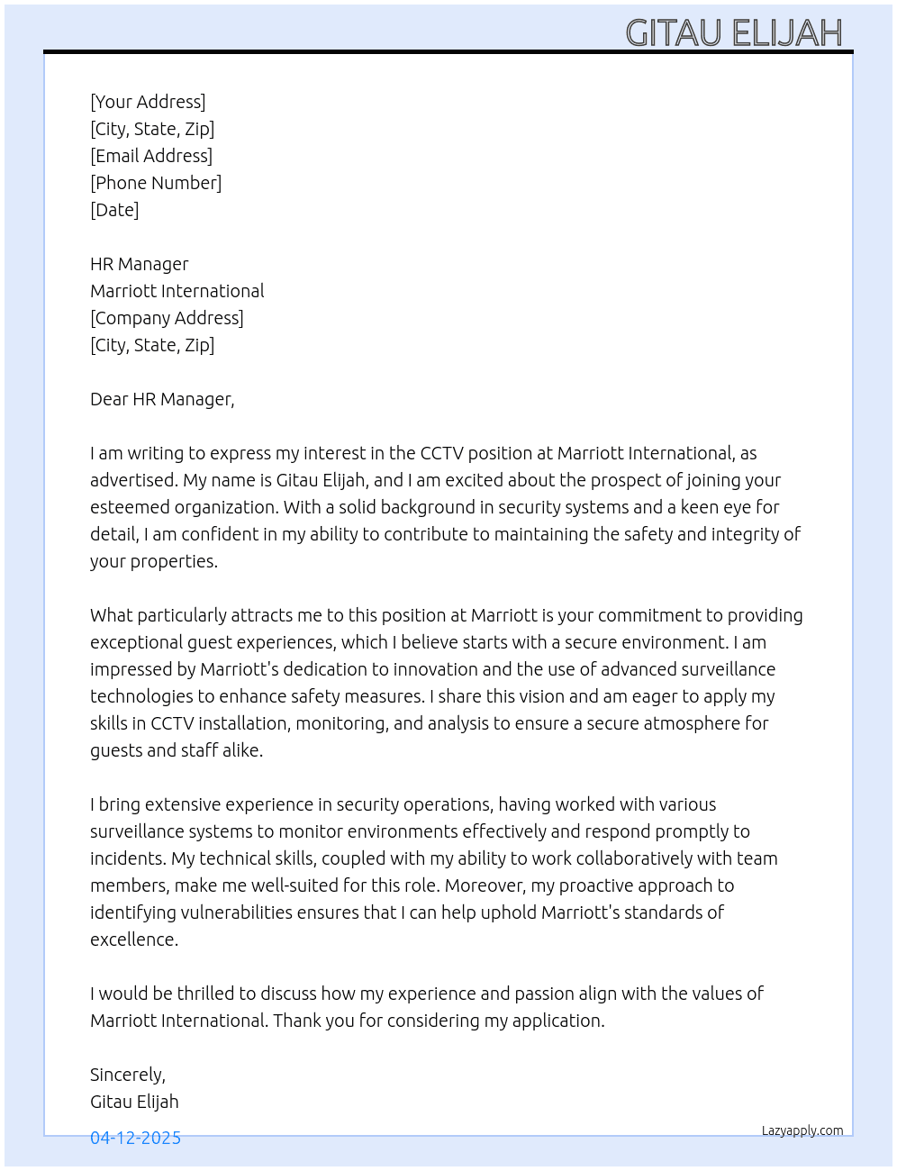 Cctv At Marriot international  Cover Letter